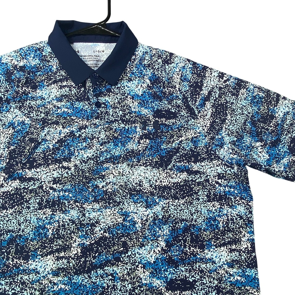 Under Armour Polo Shirt Men L Blue Abstract Camo Short Sleeve Loose Iso Chill